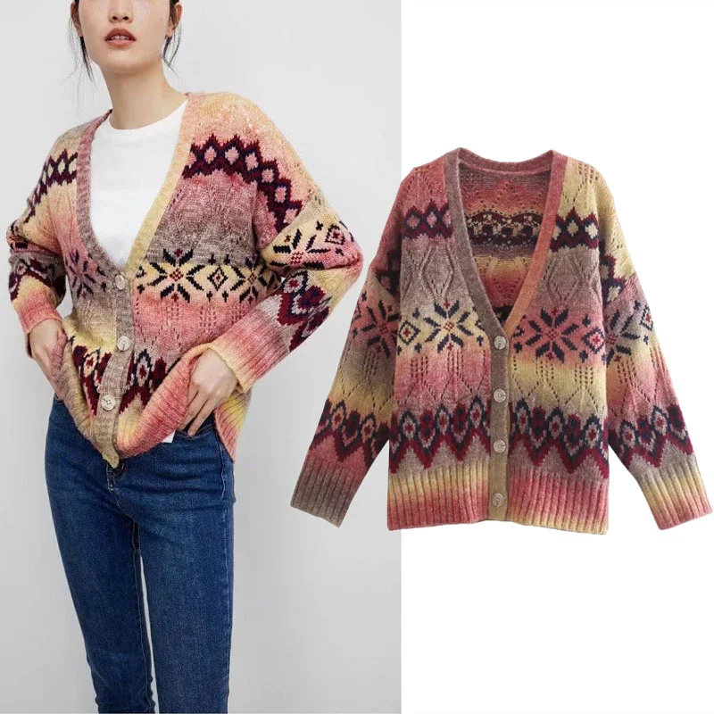 

Женский вязаный кардиган на пуговицах, повседневный свободный Свитер оверсайз с V-образным вырезом и длинным рукавом, винтажный теплый трик...