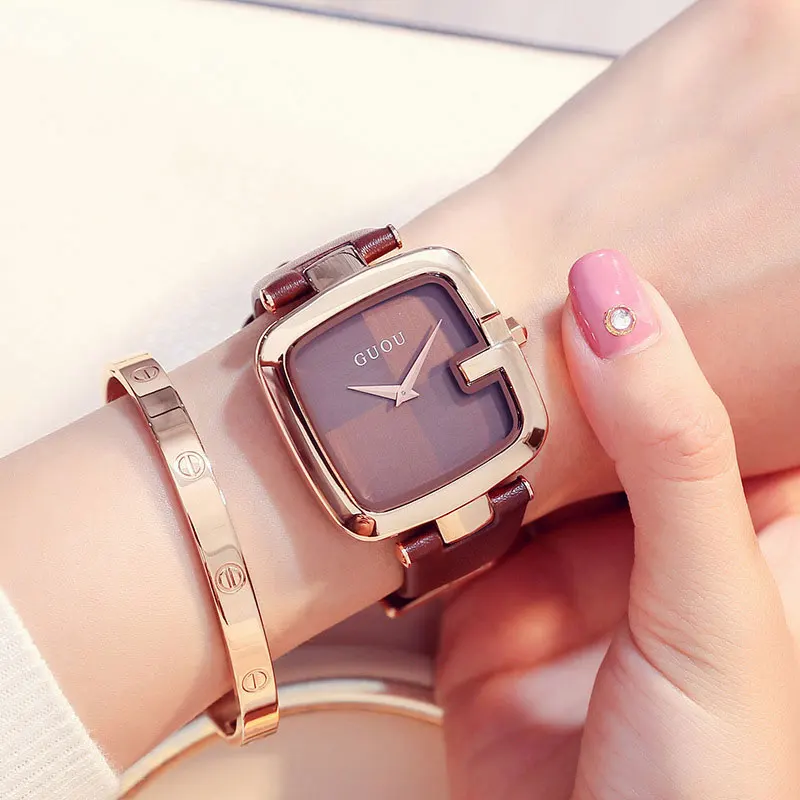 Часы GUOU женские брендовые с квадратным ремешком роскошные кожаным | Наручные