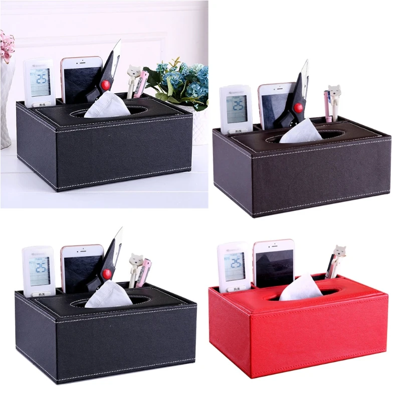 

Faux Leather Tissue Box Cover Rectangular Multifunctional Remote Control Stationery Holder Desktop Storage Organizer