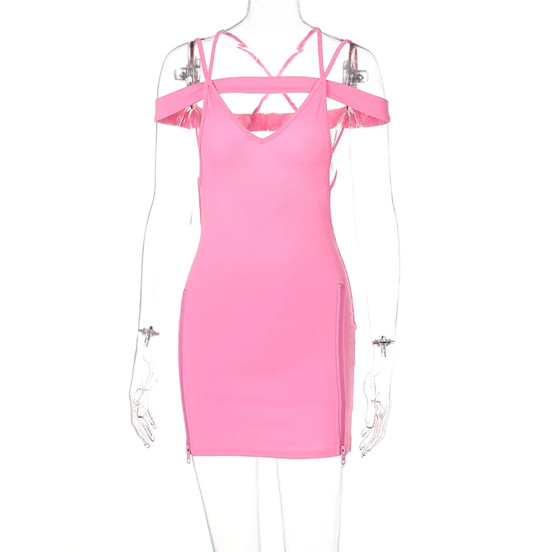 

2021 Solid Halter Bandage Slip Zipper Mini Dress Hollow Out Backless Bodycon Sexy Party Elegant Club Slim Y2K Robe