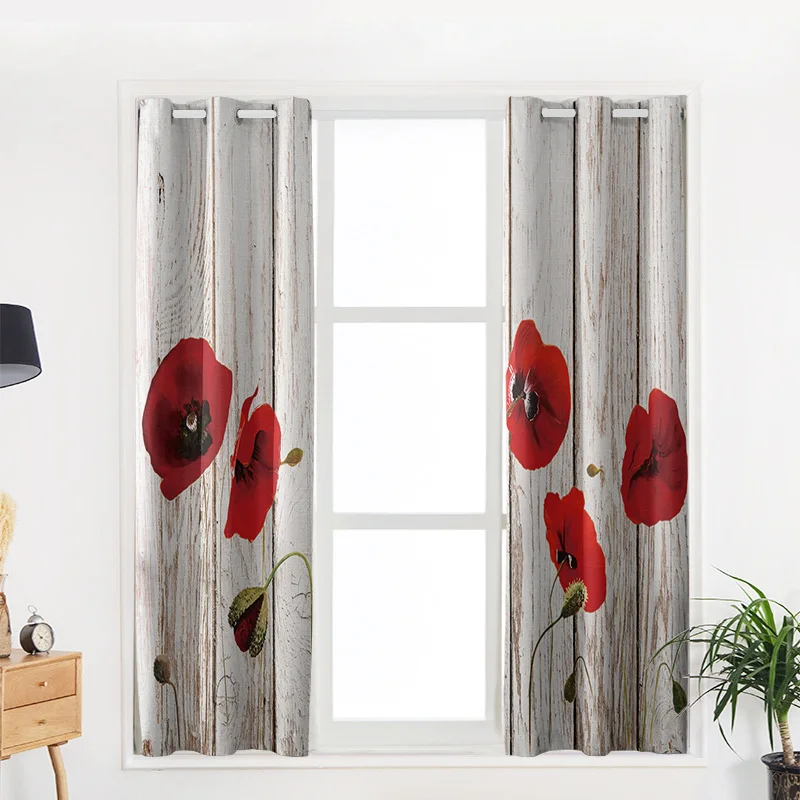 Винтажная деревянная текстура занавеска для окна с красным маковым цветком