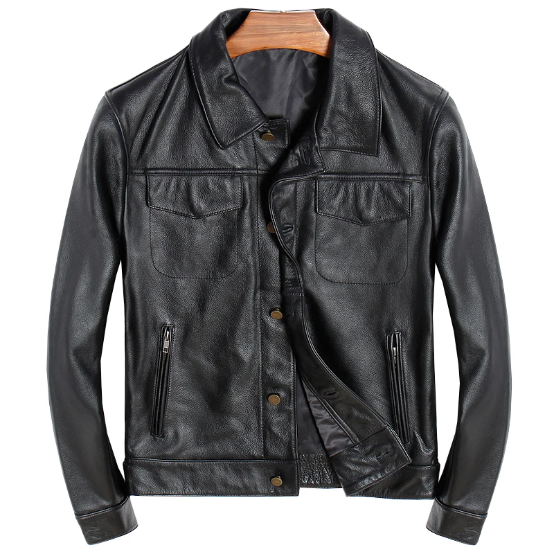 

New Men Factory Casual Cow Leather Jacket 100% Genuine Leatehr Riding Biker Lapel Jackets Russia Free Shipping
