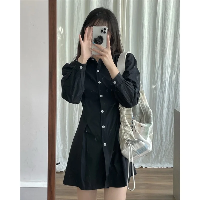 

Black Long-Sleeved Shirt Dress for Women Spring and Autumn 2021 New Design Sense Small Slim Short Skirt.Kio