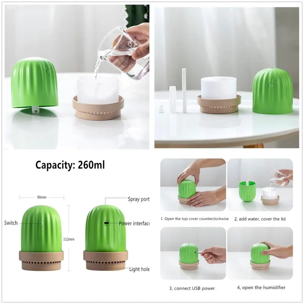 

Cactus Usb Portable Air Humidifier 260ml Mini Cute Ultrasonic Cool Mist Humidifier Diffuser Aroma For Car Home Humidificador