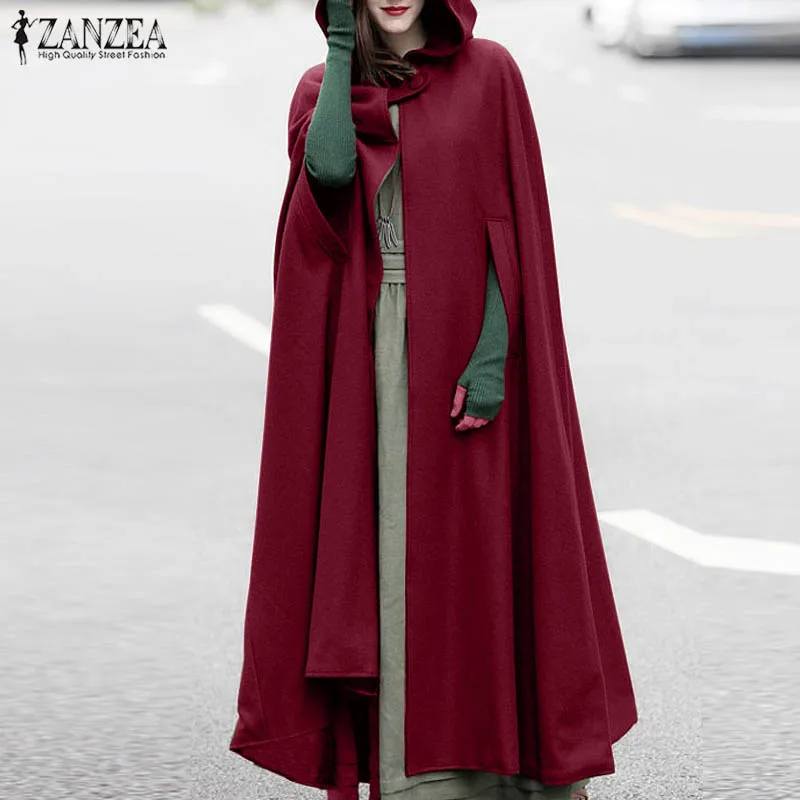 

ZANZEA Women Long Cape Cloak Autumn Hoodies Christmas Poncho Femme Clothing Street Jacket Casaco Hooded Coat Outwear Windbreaker