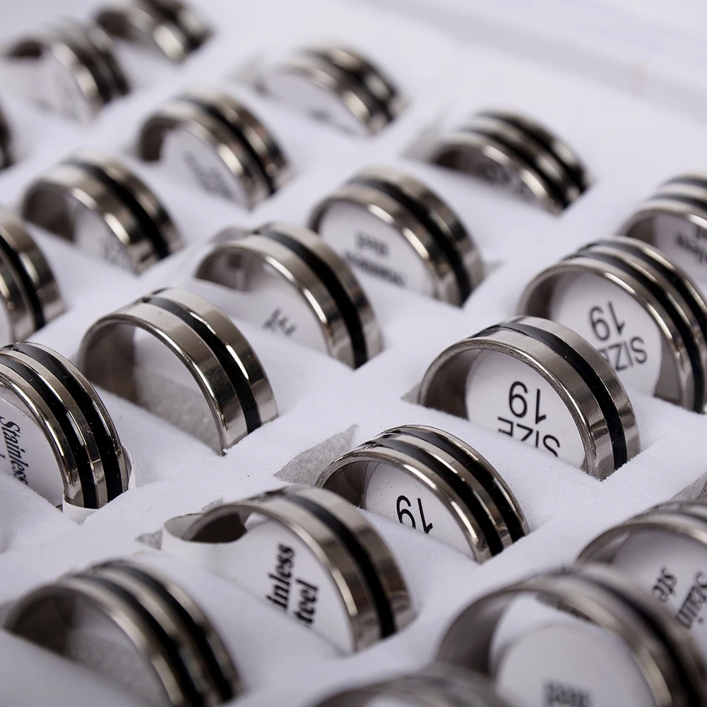 

6Pcs Mixed Stainless Steel Black Rubber Rings Wholesale Bulk Men Women Wedding Ring Jewelry Gifts 17-21mm Hot Selling