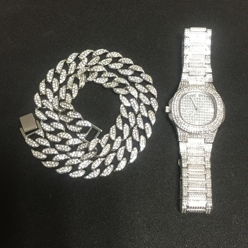 Watch and Chain 50cm Ожерелье+ часы+ браслет в стиле хип-хоп, кантри, кубинская цепочка, золото, серебро, Iced Out, проложили стразы, CZ, Bling Rapper для Мужчин, Ювелирные изделия - Окраска металла: Watch and Chain 50cm