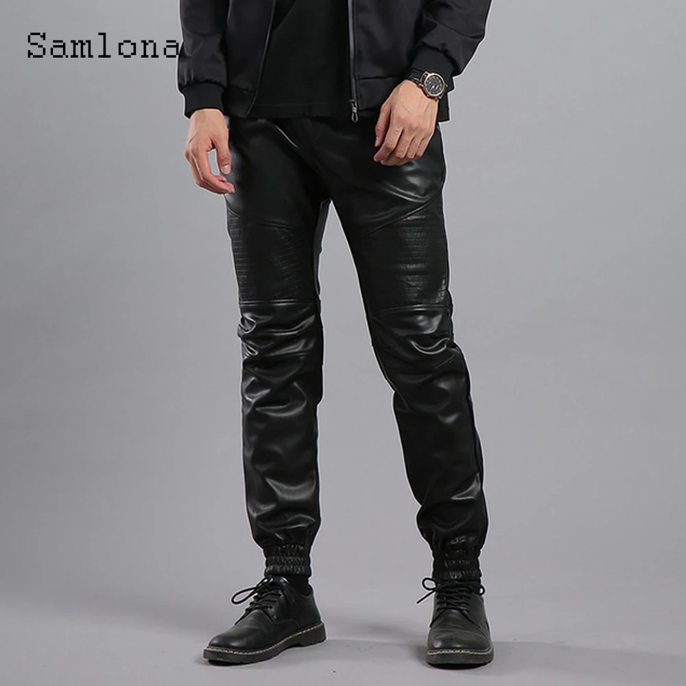 Samlona Plus Size Men PU Leather Pants SLace-Up Buttons Sexy Male Trousers Black Faux Leather Skinny Pants Mens Streetwear 2021