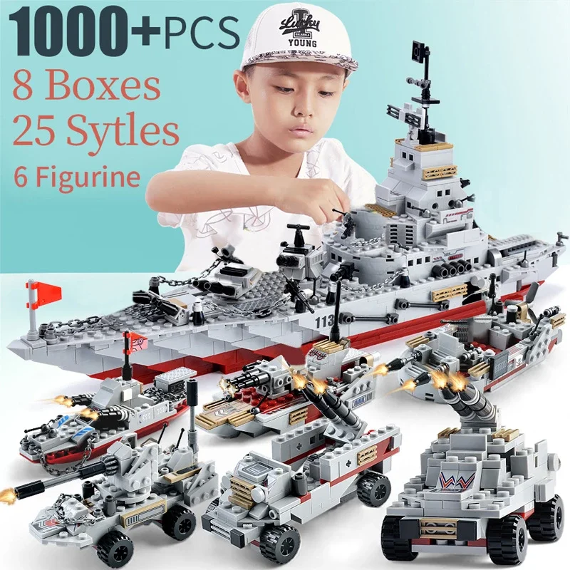 

1000+PCS WW2 Military Series 25in1 Army Battle Cruiser Modern Warship Tank Little Dolls Building Blocks Toys Boys Creative Gifts