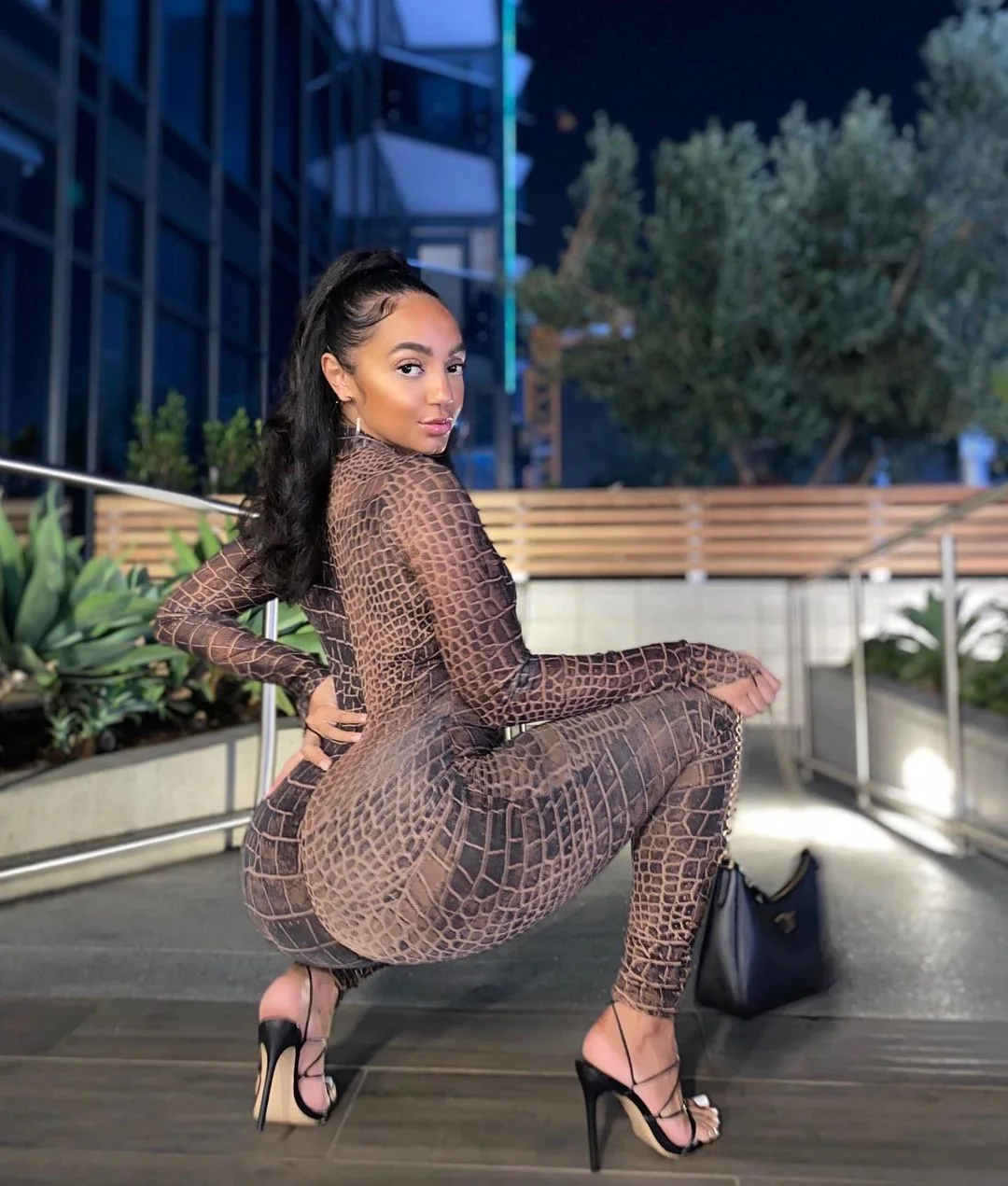 

Adogirl 2021 Long Sleeve Fashion Print Mesh See-through Bodycon Jumpsuit Night Club Autumn Winter Women Streetwear Outfits