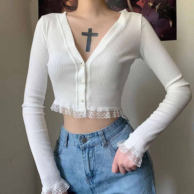

Women Shirts French Thread Top Personalized Ruffle Edge Blouses Female Style Thin Long Sleeve T-shir Solid Shirts