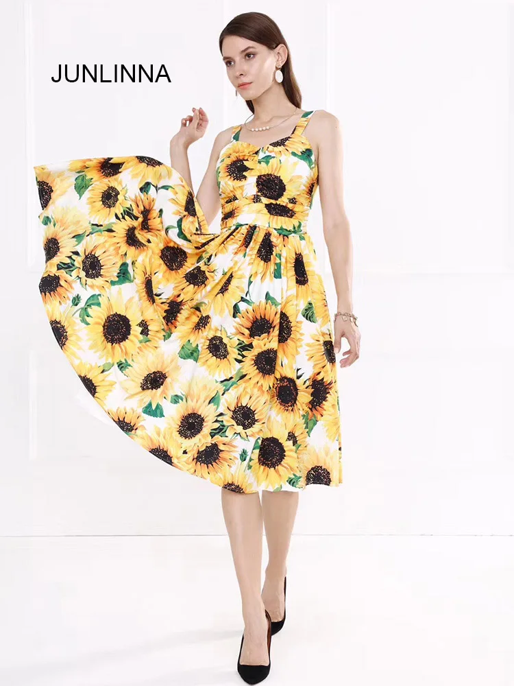 JUNLINNA Sunflower Printing Dress Cotton Blending Sexy Spaghetti Strap Fashion Elegant Women Beach Holiday Vestidos