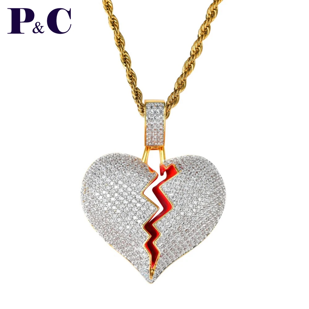 

Bling Broken Heart Pendant Necklaces Gold Red Color Cubic Zircon Men's Women Hip hop Jewelry Gift Long Chain Necklace