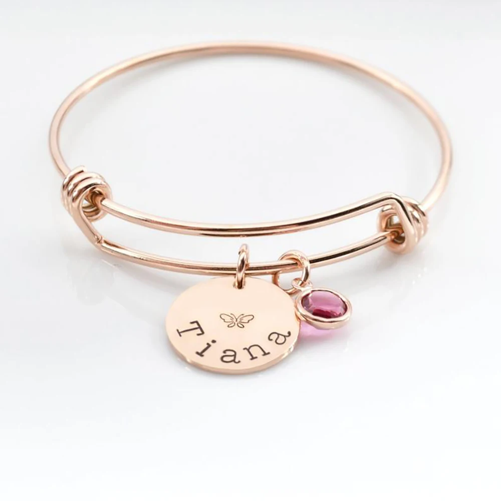 

HUHUI Custom Name Bangle Personality Birthstone Round Pendant Stainless Steel Adjustable Bangle Jewelry For Women Birthday Gift