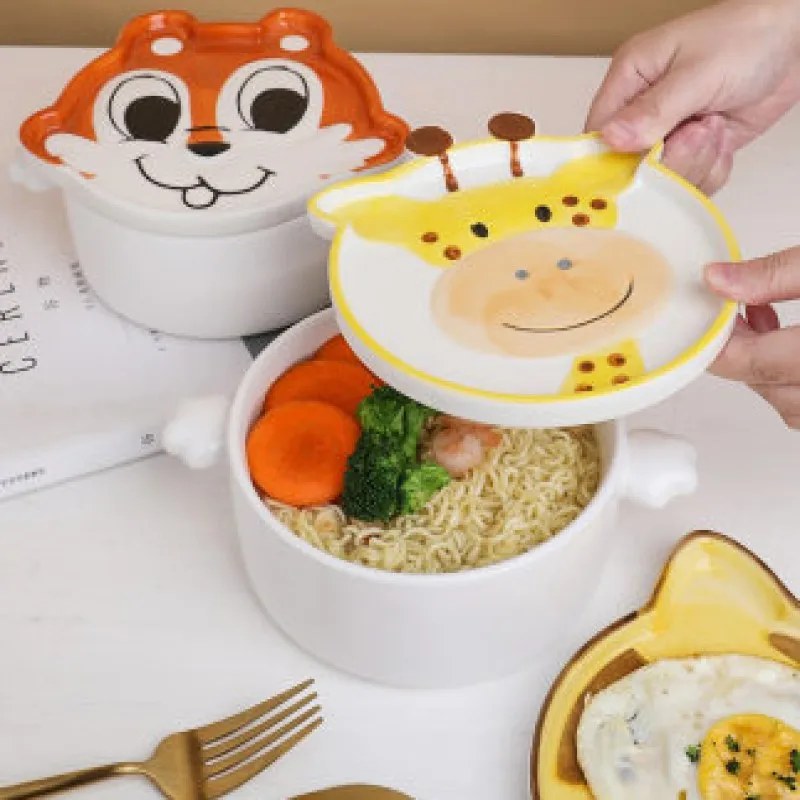 Милая мультяшная керамическая миска с крышкой студенческое общежитие ланч