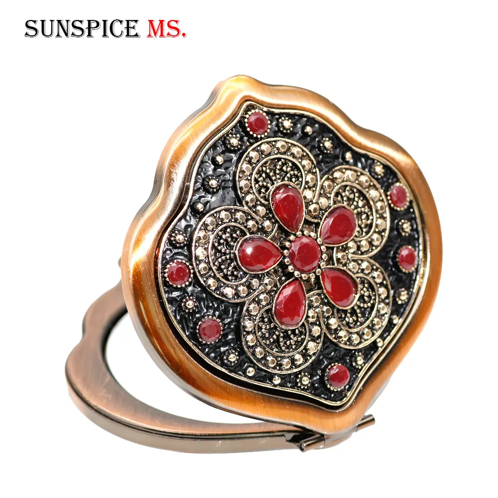 SUNSPICE-MS, турецкое мини компактное карманное цветочное зеркало, портативное двустороннее складное зеркало для макияжа, Женские винтажные косметические зеркала - Окраска металла: MR012red