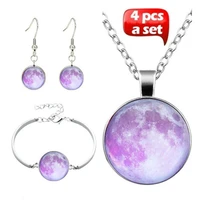 cosmic fantasy starry sky cabochon glass pendant necklace bracelet earrings jewelry set totally 4pcs for womens fashion jewelry