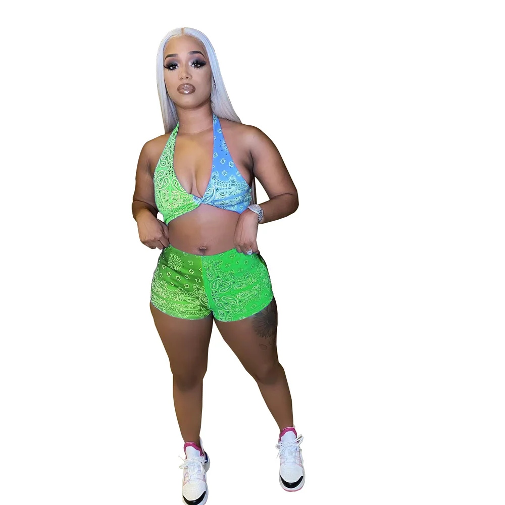 

Color Block Paisley Bandanna Print Bodycon Two Piece Outfits Women Halter Neck Backless and Skinny Shorts Summer Beach Sets