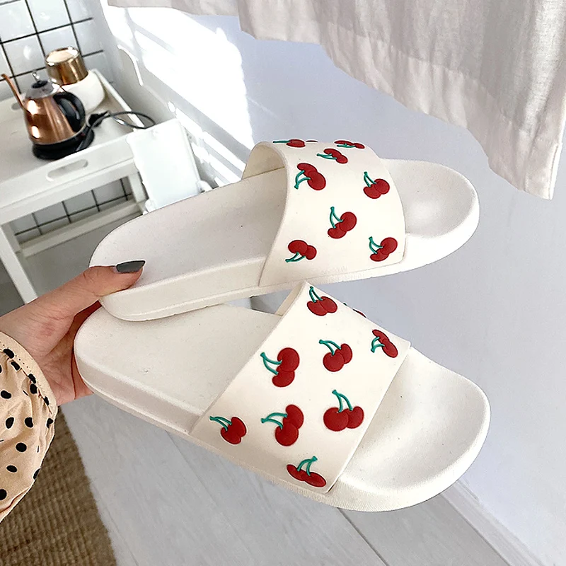 

Summer Slides Women Slippers Cartoon 3d Cherry Thick Bottom Beach Casual Non-Slip Bathroom Sandals Girl Shoes Zapatillas Mujer