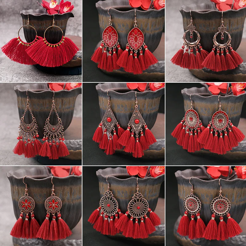 

Bohemia Retro Ethnic Style Red Dangle Tassel Earrings for Women Vintage Wedding Drop Earrings Wholesale Jewelry