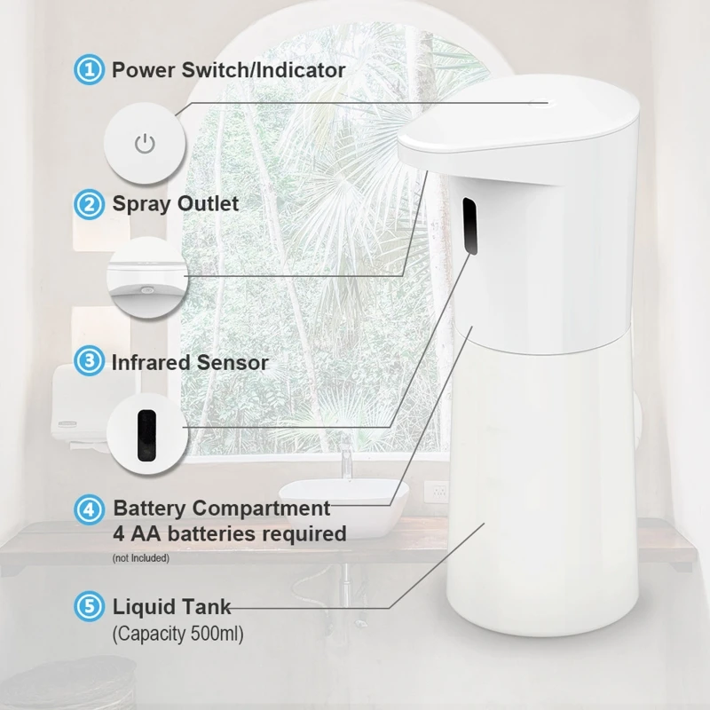 

Automatic Soap Dispenser Touchless Auto Hand Sanitizer Liquid Sprayer Waterproof Infrared Motion Battery Operated 500ML for