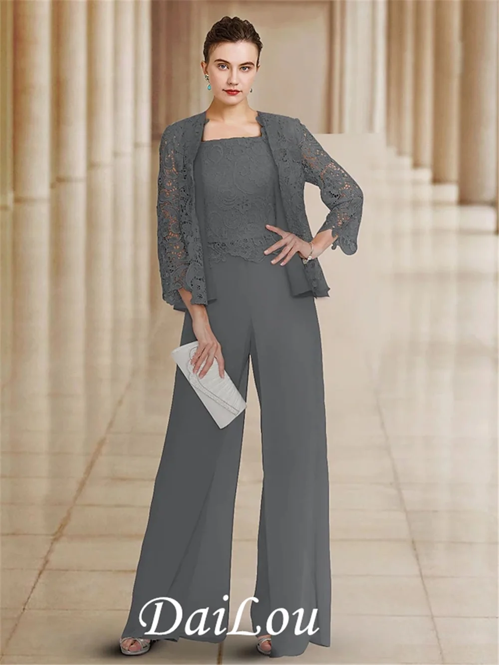 

Pantsuit / Jumpsuit Mother of the Bride Dress Elegant Bateau Neck Ankle Length Chiffon Lace With Appliques 2021