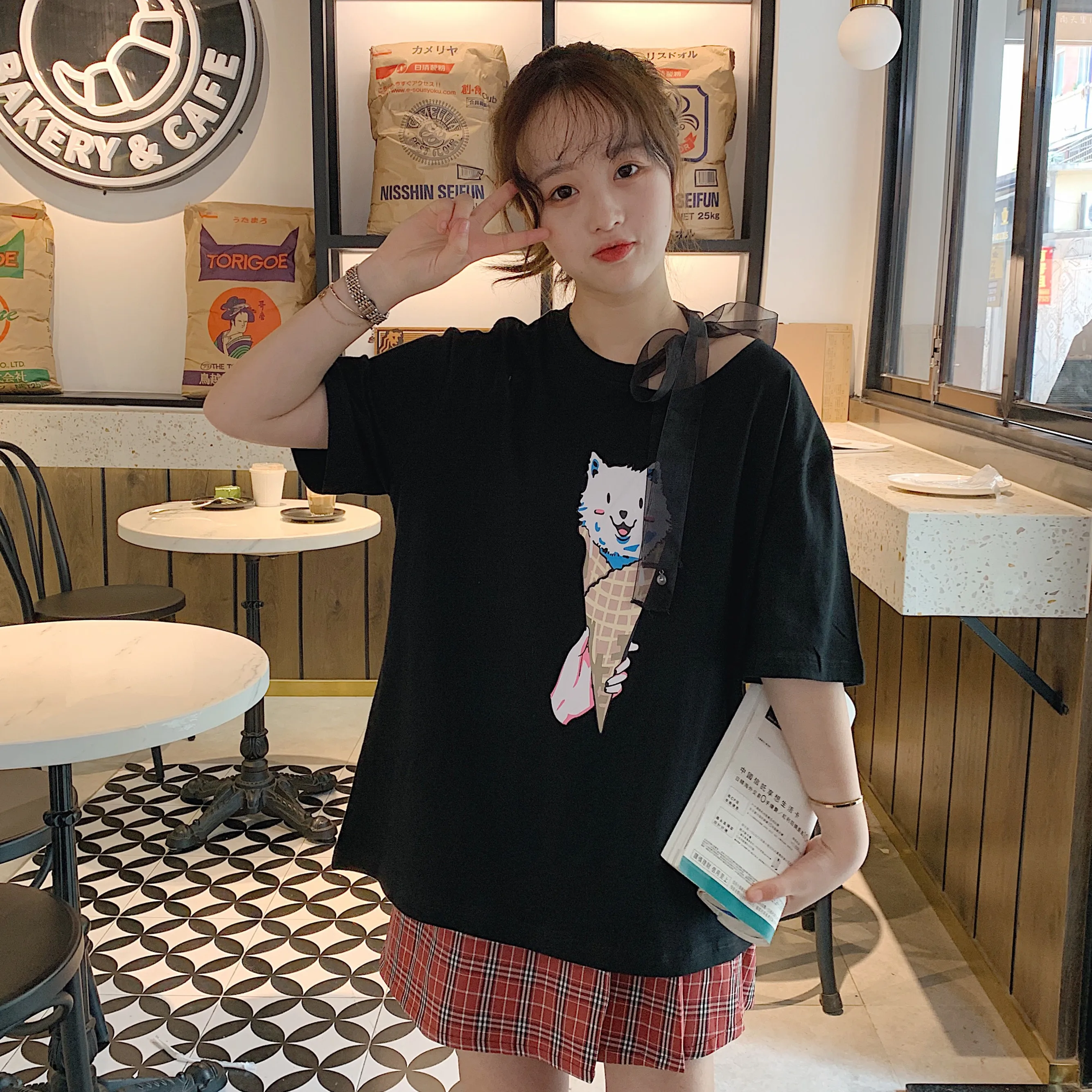 Harajuku Ulzzang, большие размеры, футболка, японский мультфильм, аниме, принт, футболки, лето, женская футболка с коротким рукавом, повседневные кавайные Топы - Цвет: ShanH 9860 hei