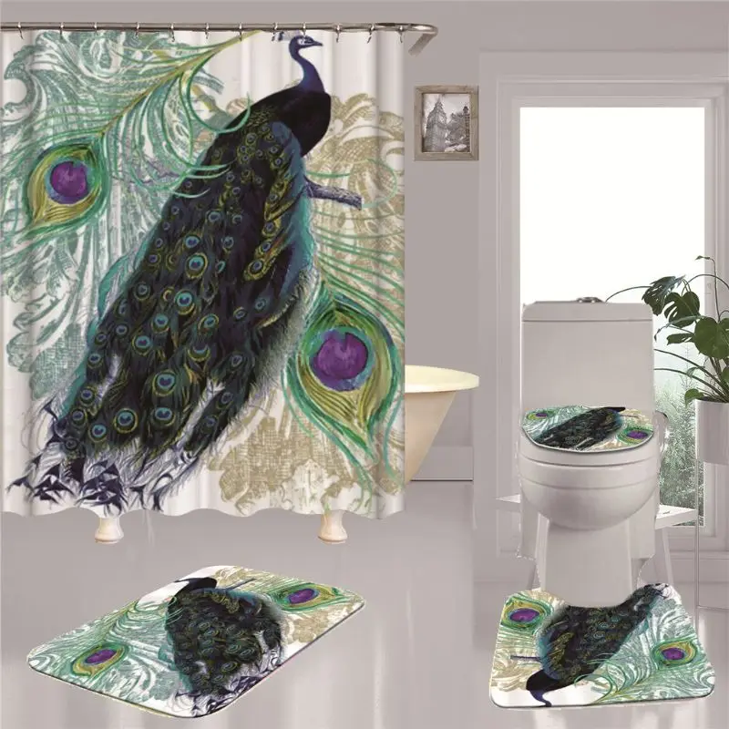 

Занавеска для душа, декор для ванной комнаты, 4 шт., нескользящий чехол из полиэстера для туалета, набор ковриков, занавеска для душа для ванн...