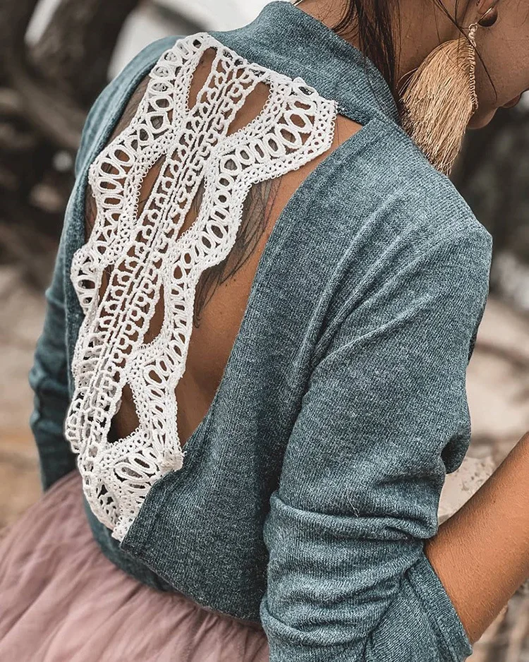 

Lace Splicing Hollow Out O-neck Sweaters Long Sleeve Pullover Knitted Sweater Solid Jumper Pull Femme