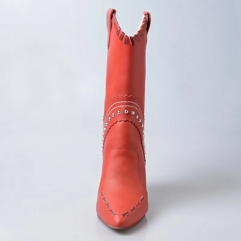 Женские ботинки до середины икры красные полусапожки из натуральной воловьей