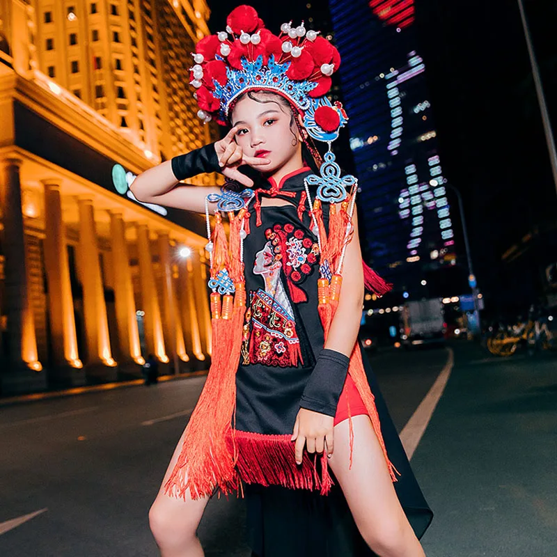 

New Girls Jazz Dance Costumes Kids Model Chinese Style Catwalk Cheongsam Children'S Day Modern Street Dance Hip Hop Suit 120-160