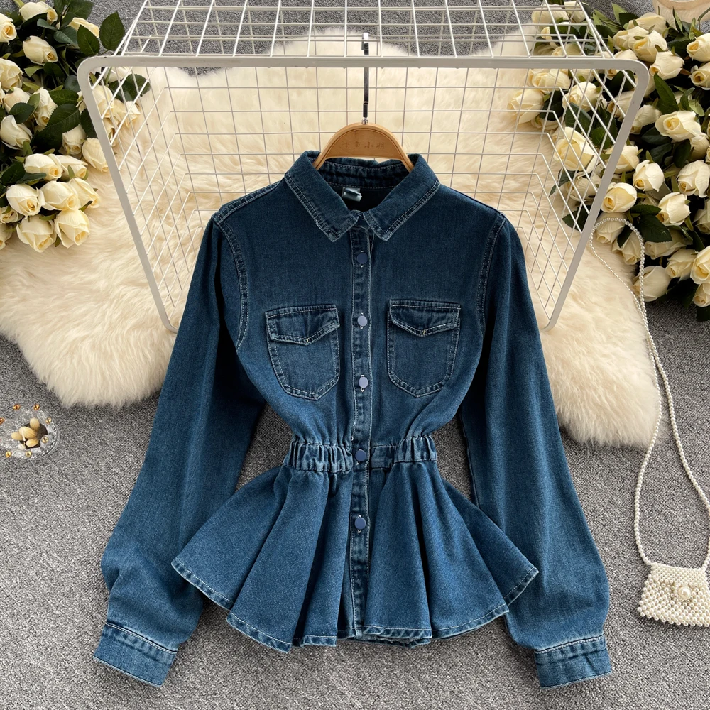 Синяя джинсовая куртка для женщин осенняя однобортная туника с эластичным