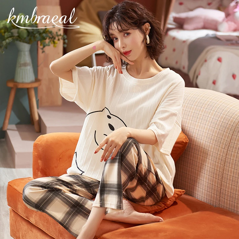 

Kmbraeal Women's Pajamas Cotton Short Sleeve Trousers Cartoon Suits Women's Homewear Summer Sleepwear Girl Nightgown Sleep Tops