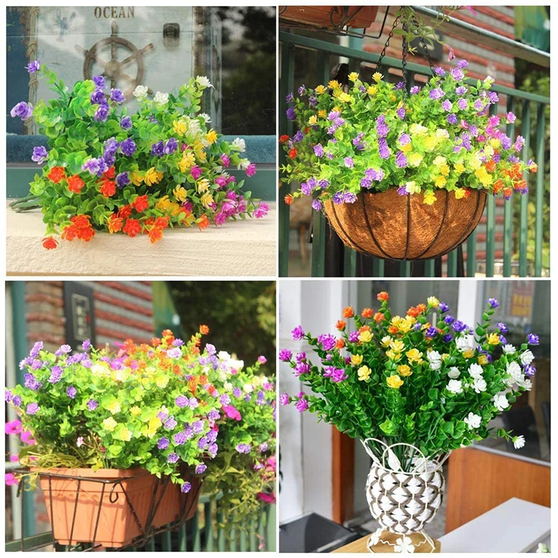 

15 Bundles Outdoors Artificial Flowers Faux Plastic Greenery UV Resistant Shrubs Plants for Indoor Vase Outside Hanging