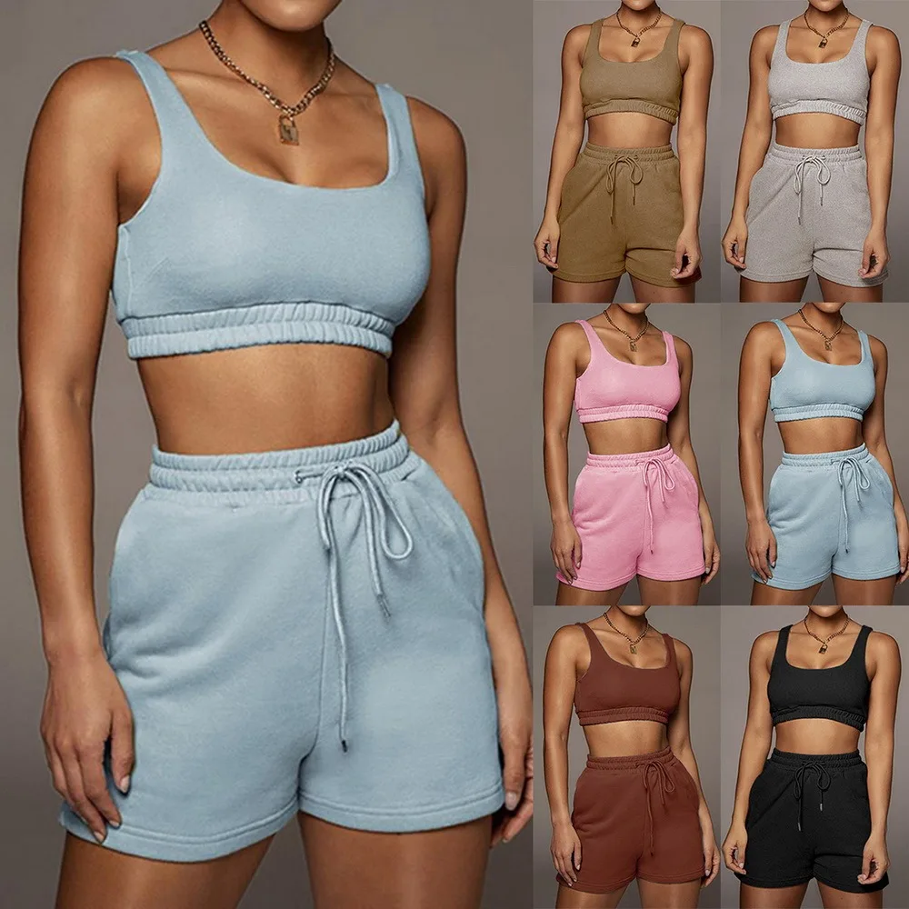 

Casual Solid Sportswear Two Piece Sets Women 2021 Crop Top And Drawstring Shorts Matching Set Summer Athleisure Outfits