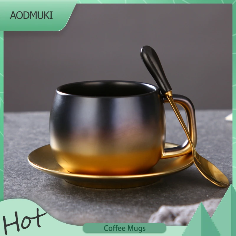 

280Ml Creative American-Style Black Gold Gradual Change Ceramic Coffee Mug Simple British Afternoon Teacup Set with Saucer Spoon