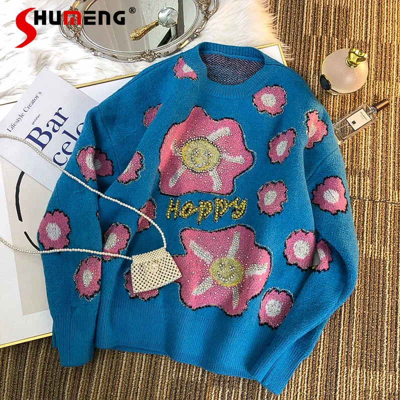 

New Ladies Fashion High Street Embroidery Hot Drilling Pullover Sweater Women Elegant Sweet Loose Lazy Style O-neck Knitted Top