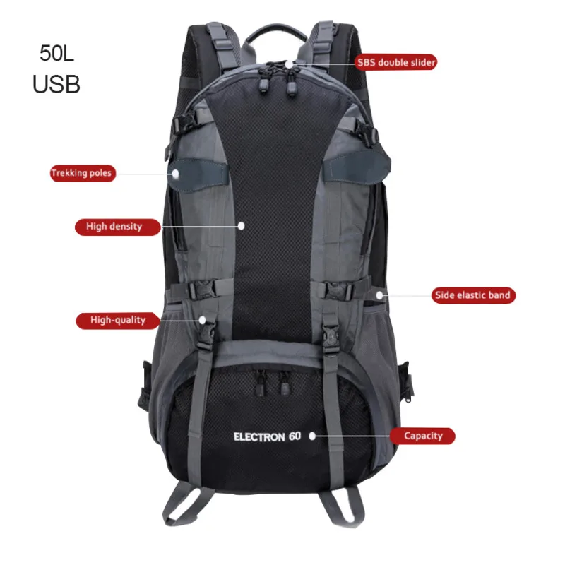 

50L USB Backpacking Mountaineering Backpack Men's Women's Waterproof Bag Large Capacity Sports Hiking Ultra Light Camping Packs