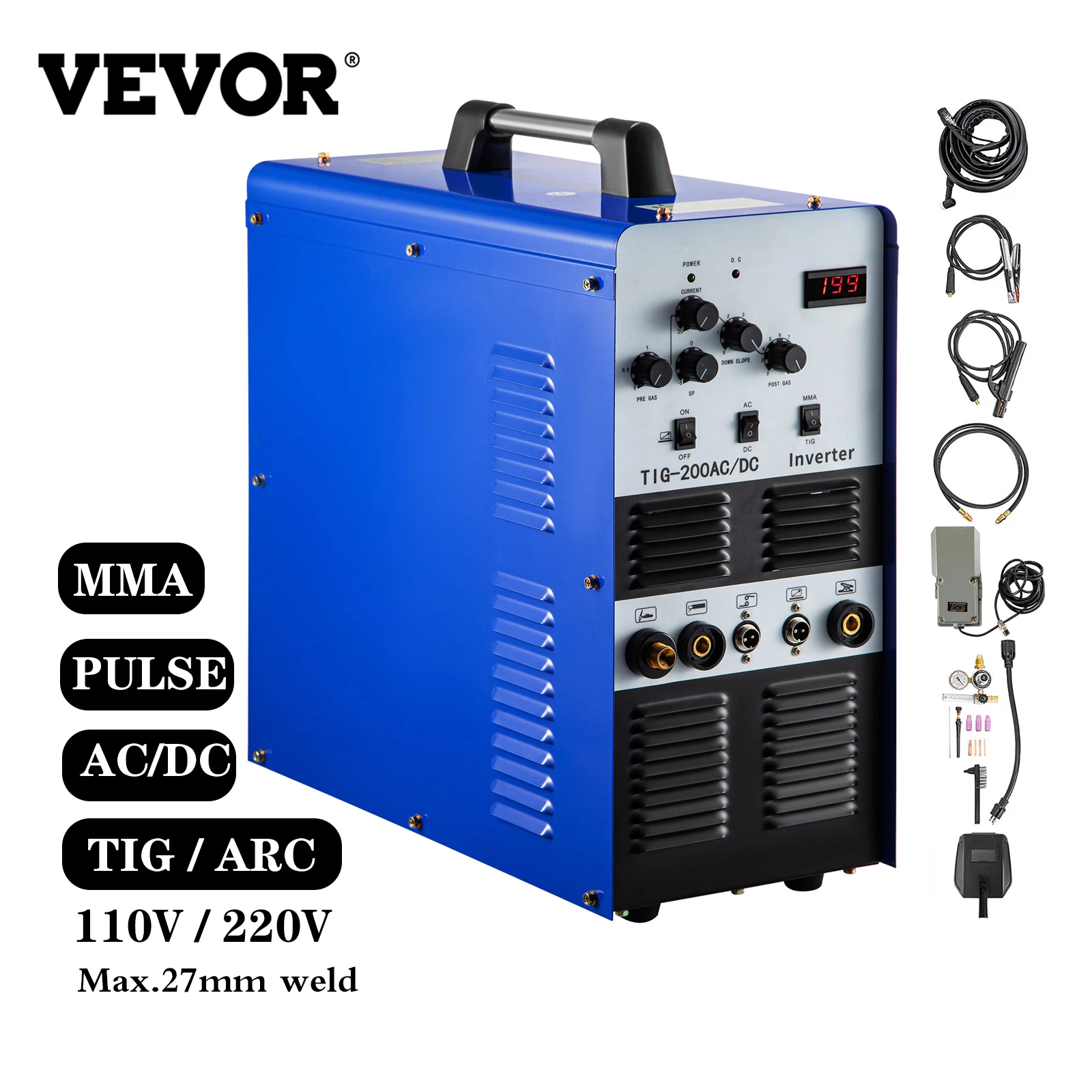 

VEVOR TIG -200AC/DC 200Amp MMA ARC 2 in 1 Square Wave Inverter Welder Welding Machine 110/220V Dual Voltage IGBT Semi-Automatic