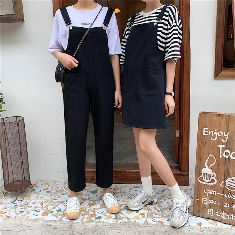 Woman's Denim Overalls Solid Color Black Korean Preppy Style Fashion Jumpsuits Denim Dress Strap Skirt Summer Women Overalls