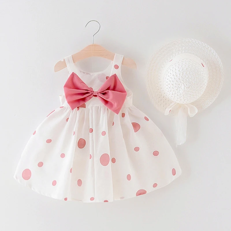 Повседневное летнее платье 3 цвета милое с большим бантом в горошек для девочек
