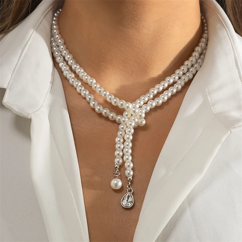 

Retro Simple Drop-Shaped Zircon Pendant Necklace Creative Personality Double-Layer Pearl Beaded Clavicle Chain Jewelry Female