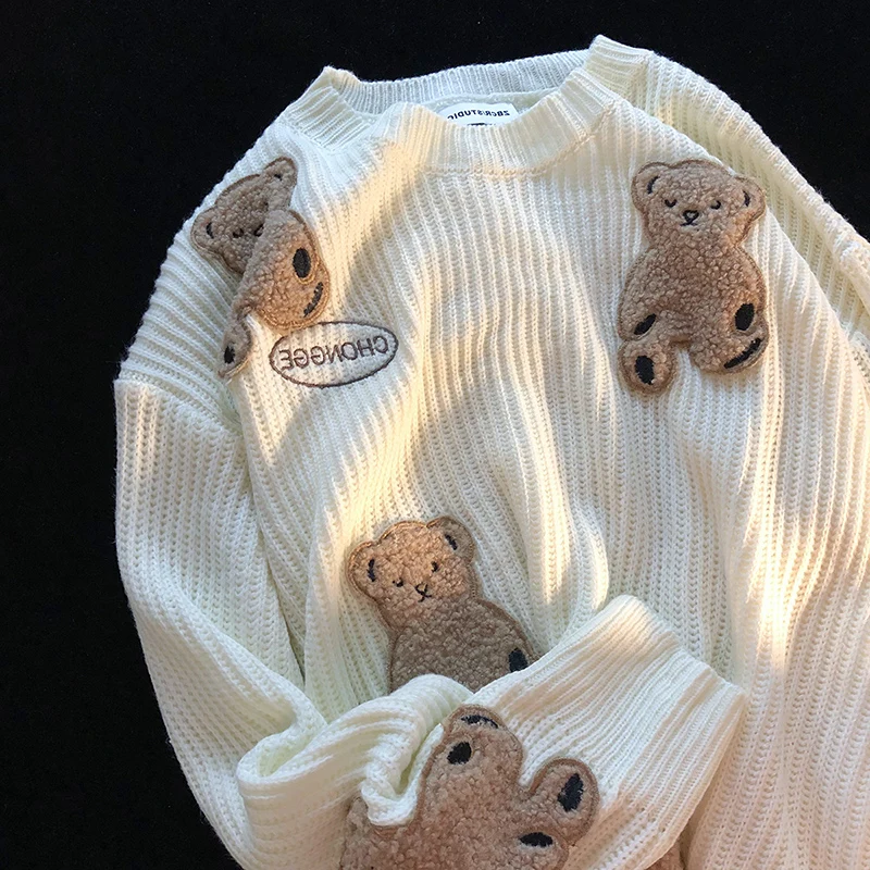 

Japanese Style Cartoon Embroidery Sweaters Pullovers Vintage O Neck Long Sleeve Oversize Jumpers Korean Streetwear Sueter Mujer