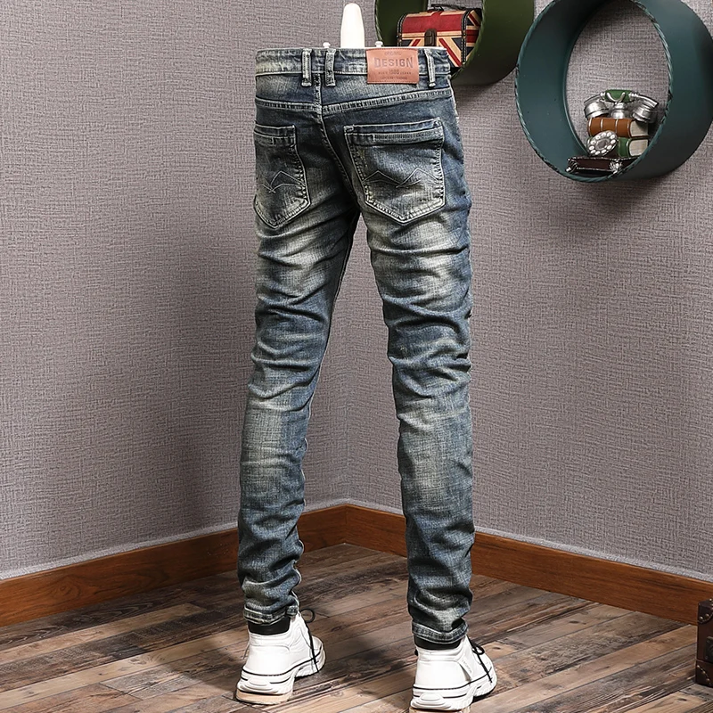 European Vintage Fashion Men Jeans Retro Washed Elastic Slim Fit Ripped Jeans Men Patchwork Designer Casual Cotton Denim Pants