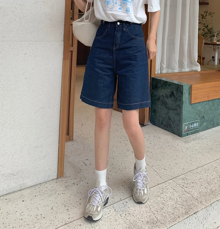 

Real Shot Solid Color Loose Cropped Pants Denim Shorts