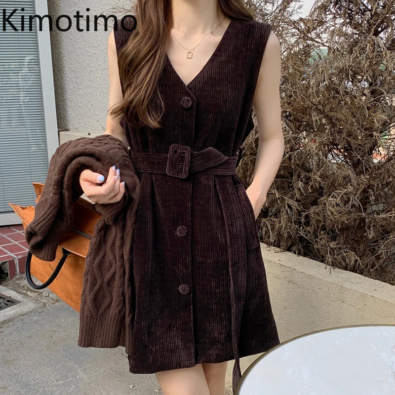 

Kimotimo Corduroy V-neck Vest Dress Women 2021 Autumn French Retro Temperament Waist Single Breasted Bandage A-Line Mini Dresses