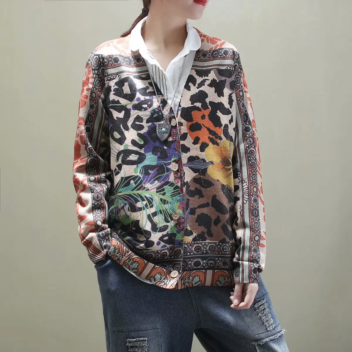 2020 Spring Autumn Sweater Women Retro Loose Cardigan All-match Tops New V-Neck Print Knitting Casual Coat |