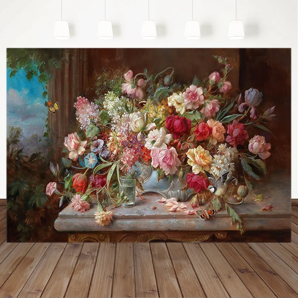 Художественный фон для фотосъемки новорожденных детей в стиле ретро с изображением цветов и маслом