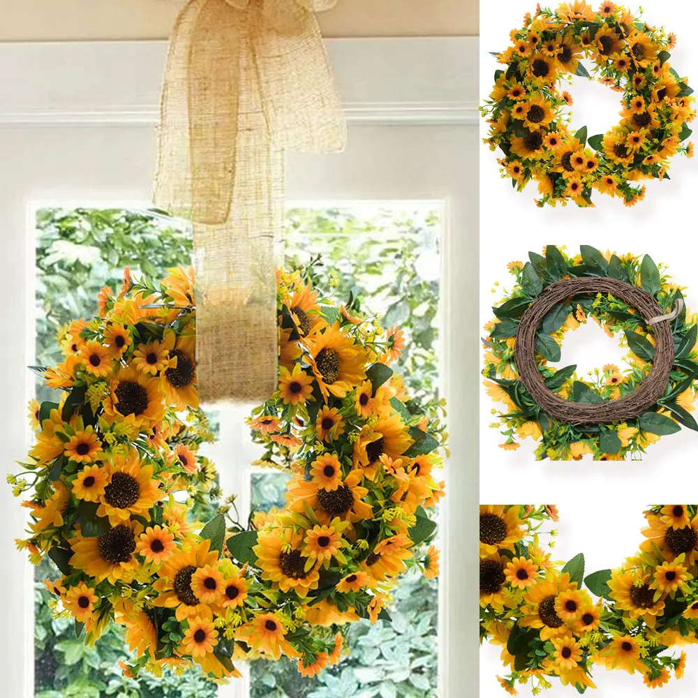 

1pcs Artificial Sunflower Wreath Summer Xmas Wall Decorative Fake Flower Wreath With Yellow Sunflower And Green Leaves Pendant