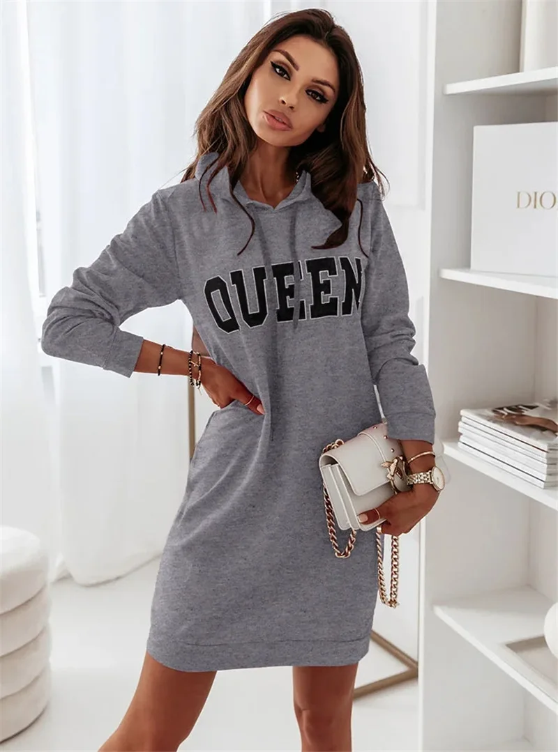 

2021 Autumn Spring Long-sleeved Women Short Skirt Hooded Letters Sports Skirt Casual Dress Women's Knitted Dress Solid Color